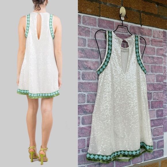 PHO FIRENZE WHITE SEQUIN MINI DRESS WITH DECORATED PROFILES XS - Picture 4 of 17
